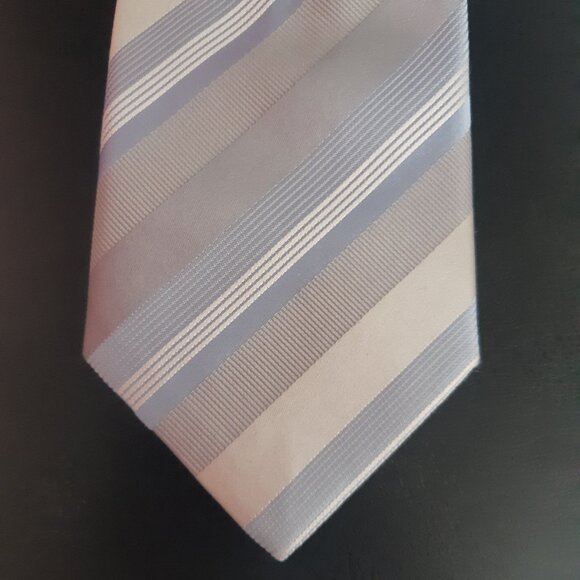 Mexx Silk Men's Diagonal Striped Necktie, Blue, Tan, Grey & White - Picture 4 of 7